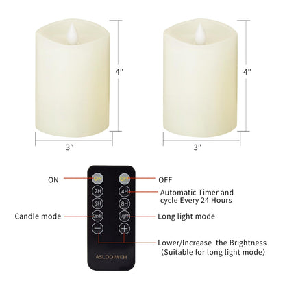 ASLDOIWEH 3x4 Flickering Flameless Candles Set of 2, 2AA Battery Life 600 Hours Battery Candles Flickering with Timer,4 inch Flameless Candles with Remote for Indoor/Outdoor, Ivory