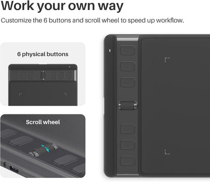 HUION Drawing Tablet Inspiroy 2 Small, Digital Art Tablet with Scroll Wheel, 6 Hotkeys, Battery-Free Stylus, Graphics Tablet for Drawing, Design, Writing, Work with PC, Mac & Android, Black