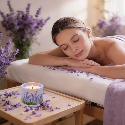 ZAWUU Lavender Scented Candle - 3D Floral Relief Decorative Soy Wax Candle with Built-in Iron Pad for Tabletop Heat Protection - Smokeless Aromatherapy for Stress Relief - Purple Home Office Decor