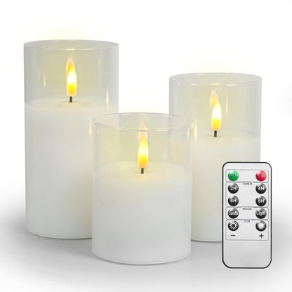 Homwamee Flameless Candle in Glass, Flashing LED Pillar Real Wax Fake Candle with Remote Control and Timer, Battery Operated Electronic Candles for Wedding Home Decorations - 3Pack