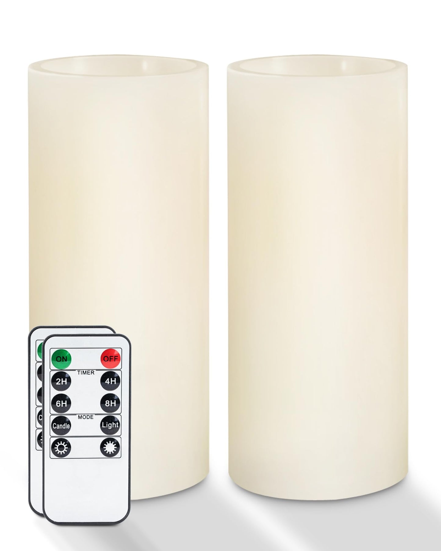 Homemory 9" x 3" Flameless Candles Battery Operated, Flickering LED Pillar Candles with Timers and 2 Remote Controls, Indoor Only, Flat Top, Ivory White Wax, Set of 2