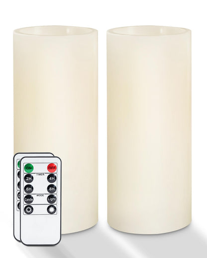Homemory 9" x 3" Flameless Candles Battery Operated, Flickering LED Pillar Candles with Timers and 2 Remote Controls, Indoor Only, Flat Top, Ivory White Wax, Set of 2