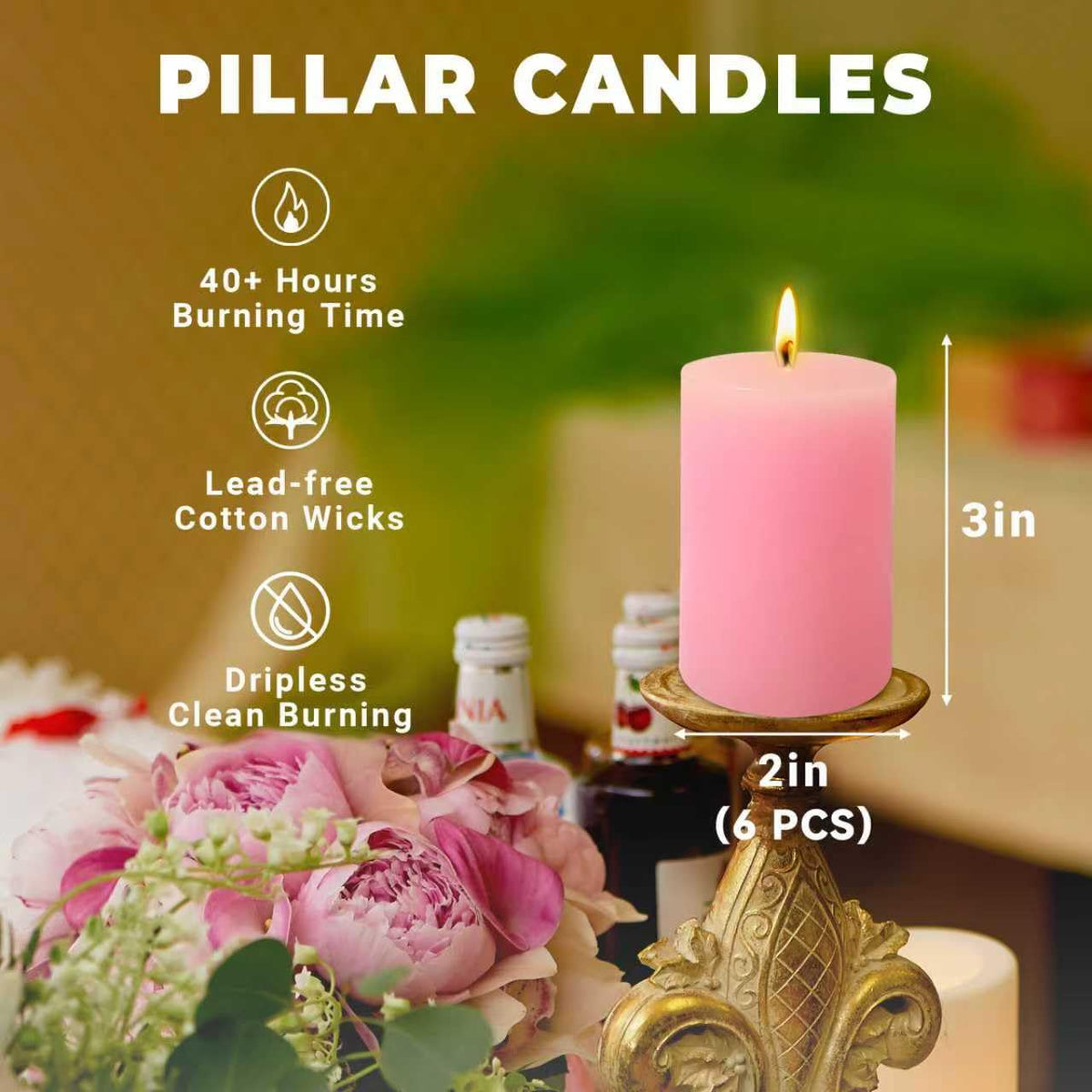 6 Pack 2x3 inch Pillar Candles, Pink Unscented Votive Candle for Celebration Home Decoration, Dripless and Long Burning Time