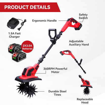 Cordless Tiller Cultivator, 360RPM Electric Garden Tiller with 2×3.0AH Batteries & 1.5A Fast Charger, Battery Powered Garden Cultivator, 9.5In Tilling Width & 6.7In Depth Garden Rototiller