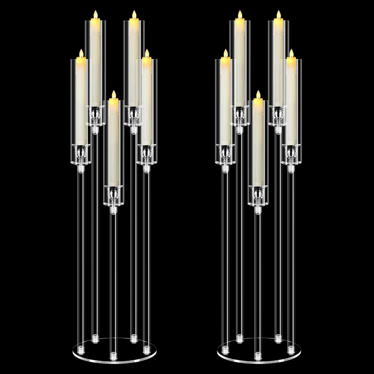 2 Set 5 Arm Acrylic Candle Holder, Mjkeomo 34.6'' Tall Candelabra Centerpieces for Tables Clear Candlesticks Holder with Lampshade for Housewarming Gift Fireplace Dinner Decor Fit 0.87'' LED Candle