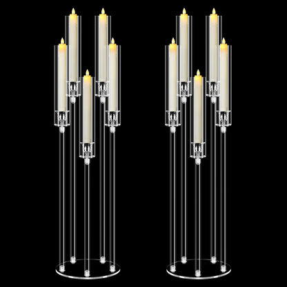 2 Set 5 Arm Acrylic Candle Holder, Mjkeomo 34.6'' Tall Candelabra Centerpieces for Tables Clear Candlesticks Holder with Lampshade for Housewarming Gift Fireplace Dinner Decor Fit 0.87'' LED Candle