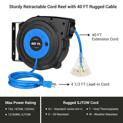 DEWENWILS Heavy Duty Cord Reel, 40FT & 60 FT Retractable Extension Power Cord
