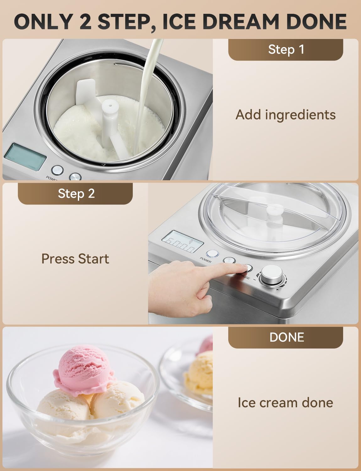 COUPLUX 2.64 Qt Ice Cream Maker, Upgraded Fastest 250W Compressor Fully Automatic Ice Cream Machine with No Pre-Freezing, 2H Keep Cool, LCD Display & Timer, All Stainless Steel