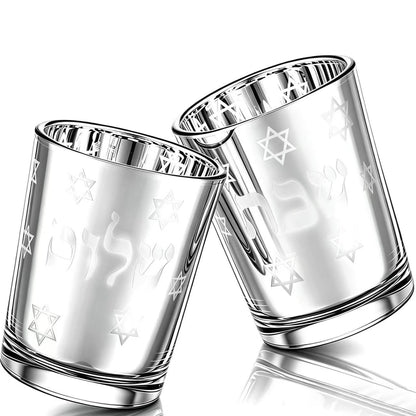 ZIVOSELY Set of 2 Glass Shabbat Candle Holders, Thickened Heat-Resistant Electroplated Glass Tea Light Holders for Jewish Judaica Sabbath Hanukkah Gifts, All Silver