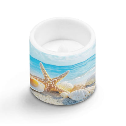 Merkmak 4 Pack Flickering Flameless Candles with Remote and Timer Control LED Pillar Tea Lights for Coastal Theme Home Decorations Battery Operated Candles, Shell Starfish