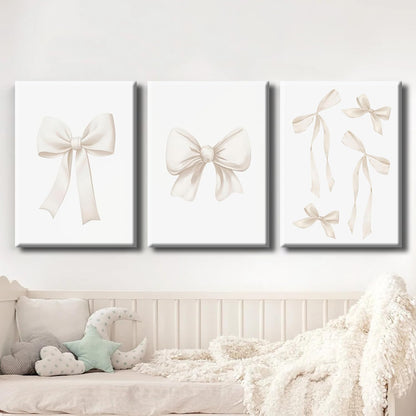 Beige Bow Canvas Wall Art,Coquette Preppy Bow Aesthetic Paintings Pictures Wall Decor Poster Print Artwork Beige Bow Poster Prints for Girls Room Bedroom Dorm Home Decor Wrapped Canvas