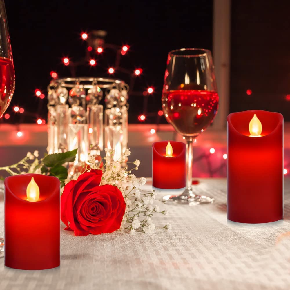 Paichi Flameless Battery Operated LED Candles, Remote Control Electric Realistic Candles Flickering Real Wax 4/5/6 Inch 3PACK with 2/4/6/8 Hour Timer for Home Decor Holidays Party (Red)