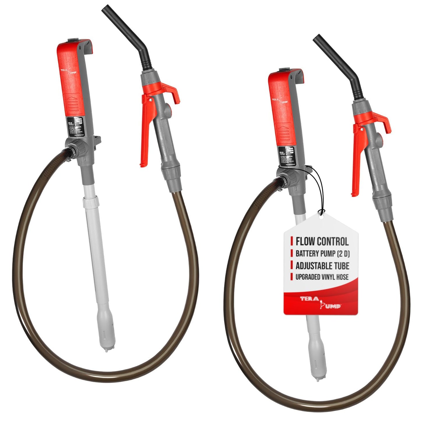 TERA PUMP [2PK] TREP01-T Multipurpose Battery Powered Fuel Pump with Quick Stop Nozzle for E85, Diesel, DEF, Kerosene - Gas Liquid Transfer Pump with Telescopic Suction (2.6 GPM, 360 Swivel Nozzle)