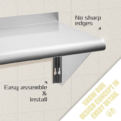 Hally Stainless Steel Shelf 12 x 72 Inches 345 lb, NSF Commercial Wall Mount Floating Shelving for Restaurant, Kitchen, Home and Hotel