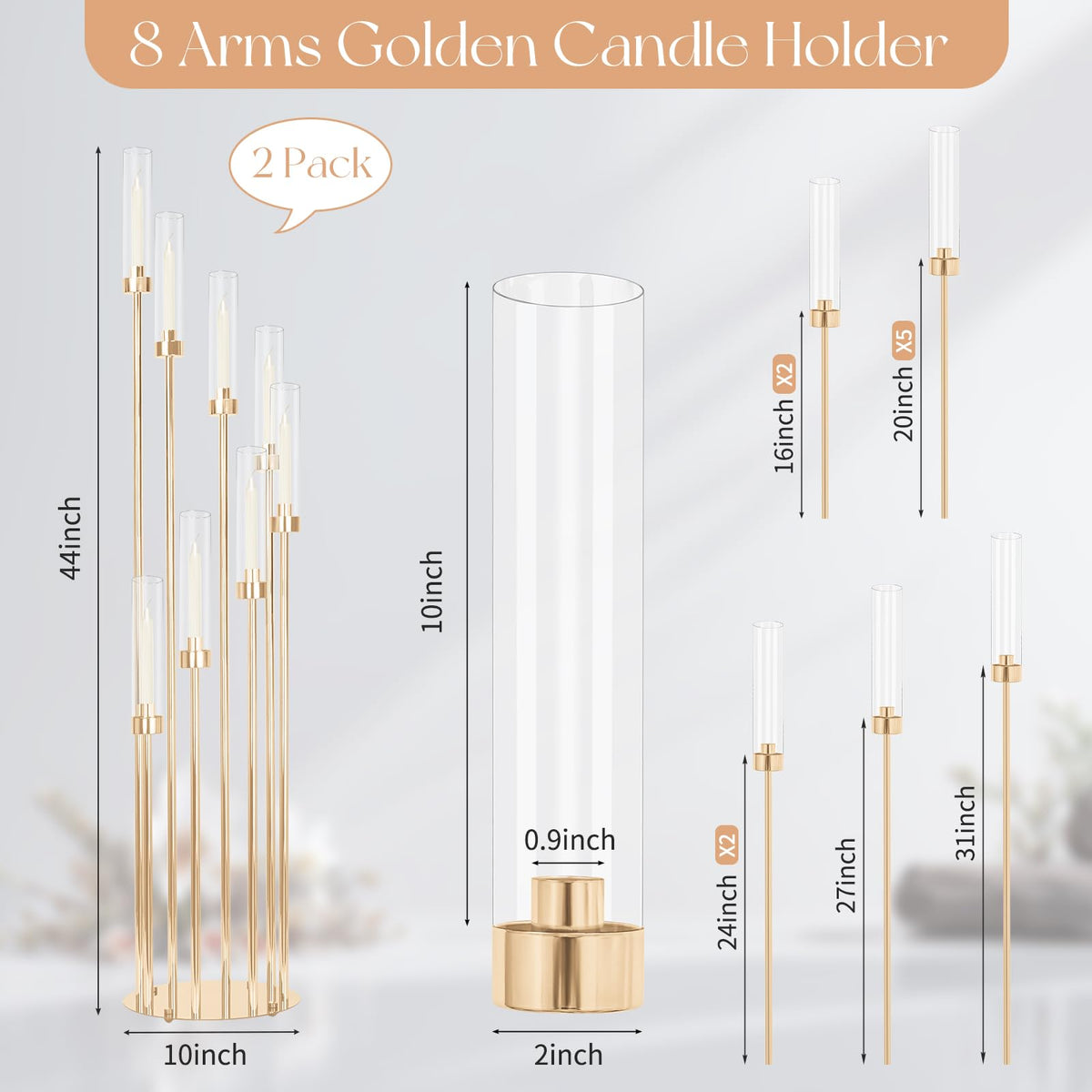 2 Sets Gold Candelabra,12 Arm Candlestick Holders with Acrylic Shades, 46'' High Large Floor Candle Holders for Wedding Centerpieces Table Decorations Fit 0.9" Candles and LED Taper Candles