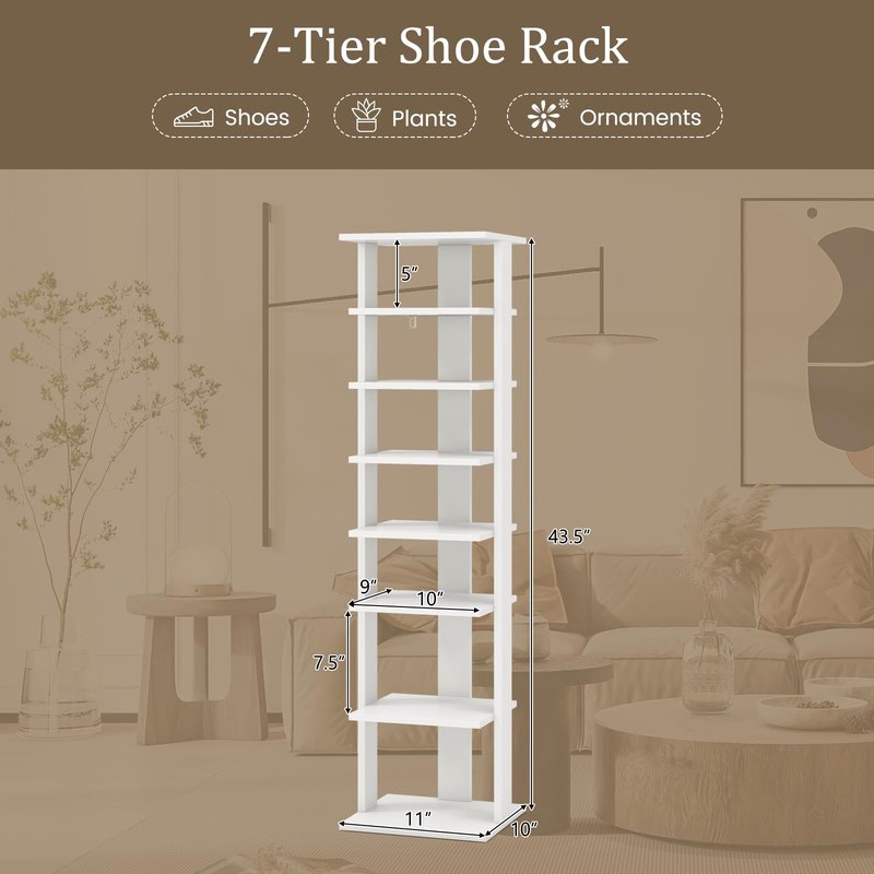 HOMGX 7-Tier Vertical Shoe Rack, Tall Narrow Shoe Storage with Removable Shelves, Space Saving Shoe Tower Organizer, Free Standing Corner Shoe Rack for Entryway, Bedroom, Living Room (White)