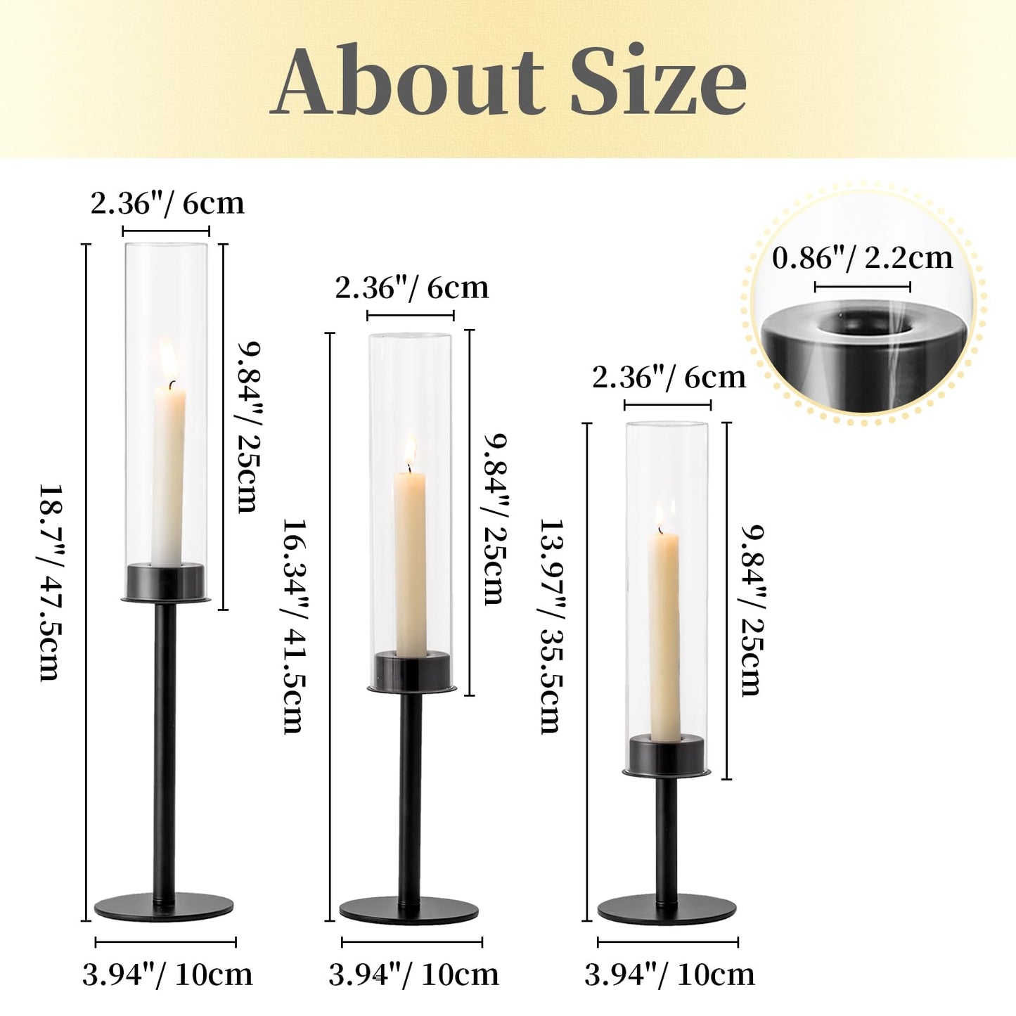 Hewory Black Candlestick Holders Hurricane Candle Holder, 3Pcs Candle Stick Candle Holder Candelabra, Taper Candle Holders with Glass Candle Cover for Wedding Table Centerpiece Christmas Decor