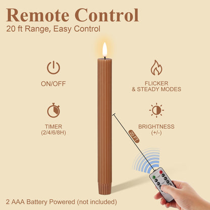 Girimax Brown Ribbed Fluted Flameless Taper Candles with Remote, Flickering Battery LED Wax Candlesticks Wedding Table Decor Set of 4