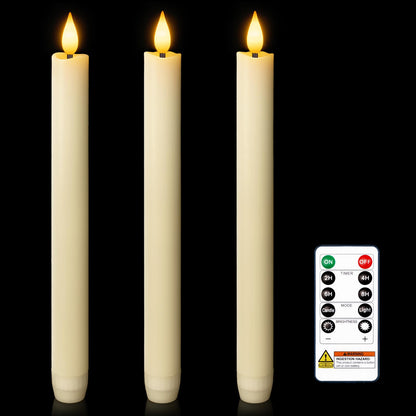 Homemory 3 Pcs Waxy Flameless Taper Candles with Remote, Flickering Battery Operated Taper Candles, Led Flameless Candlesticks Classic Tall Candle for Home, Wedding, Party, Ivory, 9.6 inches