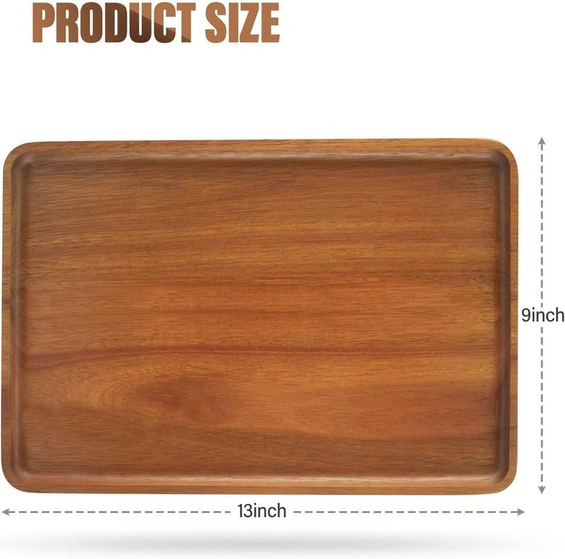 Charmlife 1 pcs 13"x 9" Solid Acacia Wood Serving Tray Rectangular Wooden Serving Platter Natural Wooden Board for Bar Coffee Party