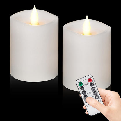 Woocodowe 3"x4" Flickering Flameless Battery Candles with Timer, White Realistic LED Pillar Candles, Set of 2 Large Remote-Operated Candles for Home Indoor/Outdoor & Holiday Decor
