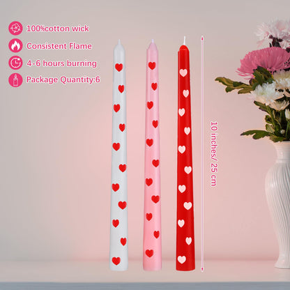 Conelist 6 Pcs Valentines Heart Taper Candles 10 Inch Pink Red White Candle Sticks for Gifts Bachelorette Bridal Wedding Party Baby Shower Table Decor Party Supplies