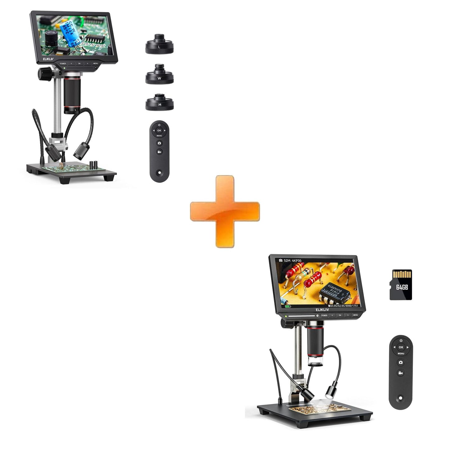 Elikliv 4K Digital Microscope 3-Lenses: Magnetic Triple Lens Soldering TL301 with 7" IPS Screen+4K Digital Microscope, Elikliv EM4K 8" Coin Microscopes 2000x