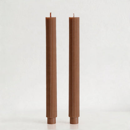 PAMELIFE 2 Pack | 10" Premium Unscented Ribbed Wick Taper Candles, Tall Ribbon Wax Dinner Unscented Modern Home Décor Soy Wax Handmade 12 Hours candlesticks (Brown)