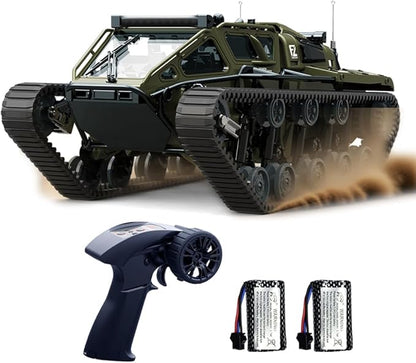RC Tank All Terrain Army Truck for Kids - 2.4G Fully Proportional Remote Control Military Vehicle with 2 Batteries Rock Crawler 4WD 360°Rotating Drifting Car with Cool Lights Great Gift for Boys