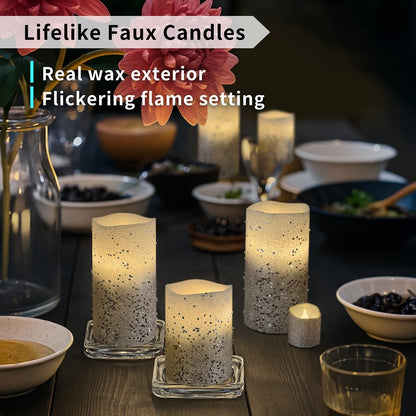 FURORA LIGHTING Silver Glitter Flameless Candles - Real Wax, Adjustable Brightness, Remote & Timer - 4 Pillars (3x4, 3x6) and 4 Votives, 8-Pack, Battery Operated