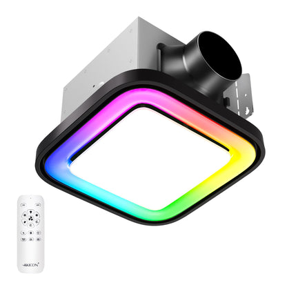 Akicon Bathroom Exhaust Fan with RGB LED Light, 110 CFM 1.5 Sone Ultra Quiet Bathroom Vent Fan for Ceiling, 3CCT Dimmable Light & Nightlight, Remote Control, Square (Black)