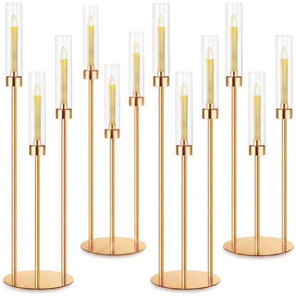 Suclain 4 Set 3 Arm Candelabra Centerpiece 33.8 Inch Candle Holder Gold Candelabra Metal Floor Pillar Candlesticks for Tables Wedding Home Party Decoration