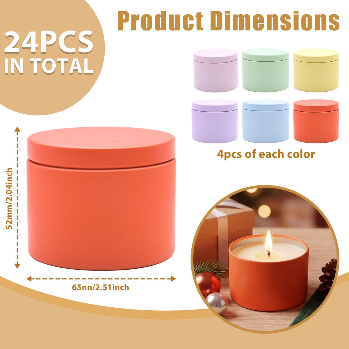 YJHSS 24-Pack 4oz Candle Tins with Lids, Metal Candle Jars for Candle Making, Empty Containers Vessels Bulk for Small Business & Beginners DIY Storage -Multicolor
