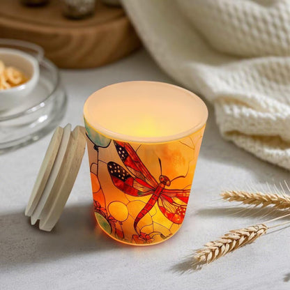 Stained Glass Dragonflies Tea Light Candle Holders, Pastoral Wildflowers Tealight Candle Holder Jar with Wooden Lid, Votive Candlesticks for Table Centerpieces, Christmas,Birthday Party