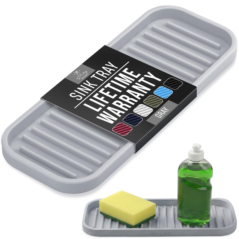 Zulay Kitchen (9x3.5in) Sponge Holder for Kitchen Sink - Flexible Heavy-Duty Multipurpose Sink Caddy - Counter Organizer for Kitchen, Bathroom, Makeup, Trinkets & More! (Grey)