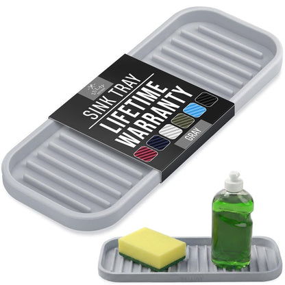 Zulay Kitchen (9x3.5in) Sponge Holder for Kitchen Sink - Flexible Heavy-Duty Multipurpose Sink Caddy - Counter Organizer for Kitchen, Bathroom, Makeup, Trinkets & More! (Grey)