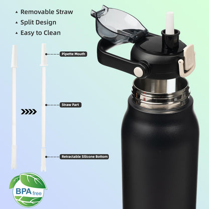 BJPKPK Insulated Water Bottles with Straw, 45 oz Stainless Steel Metal Water Bottle with One-handed Opening Lid, BPA Free Reusable Jugs, Thermo for Gym Sports Outdoors, Black