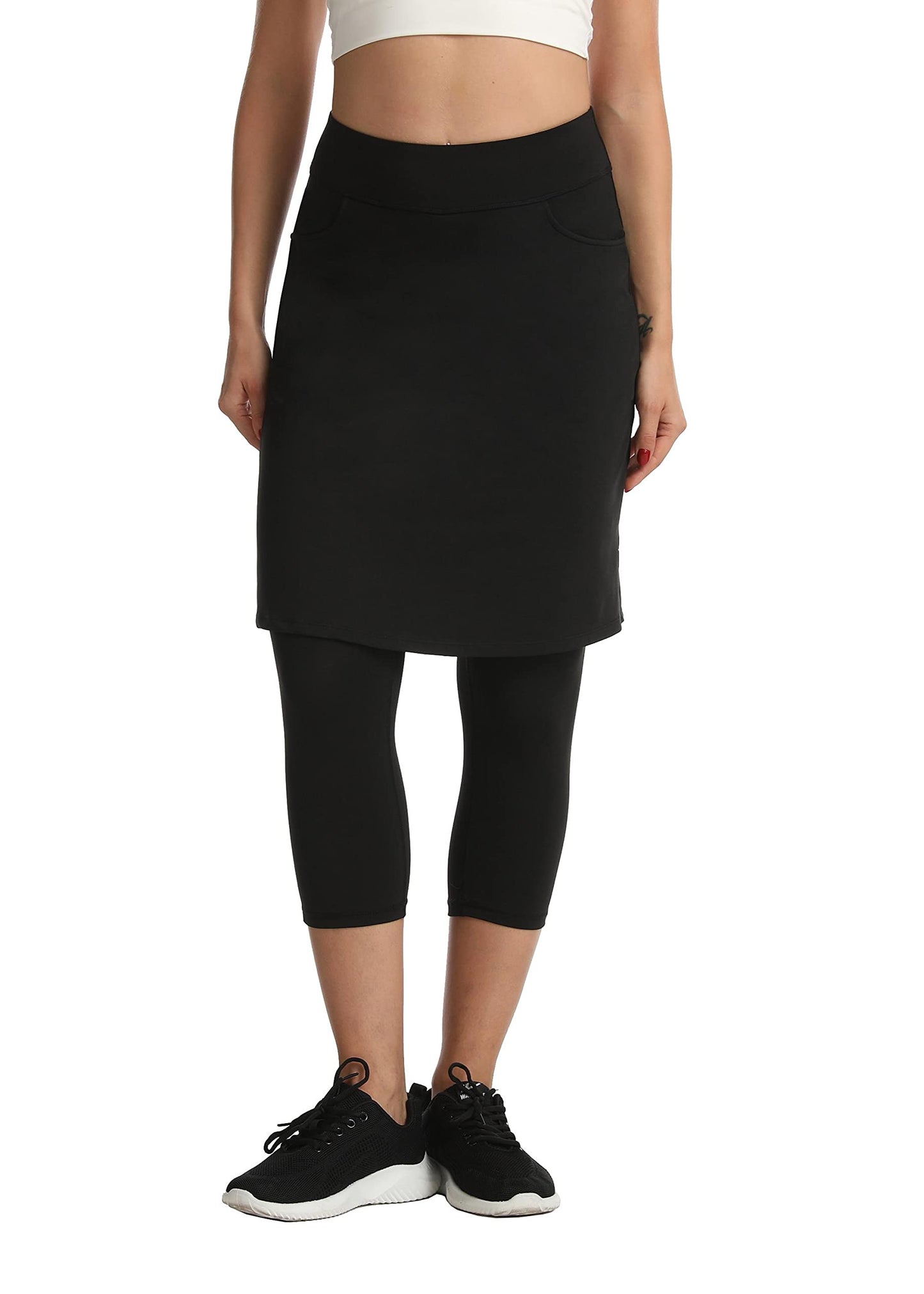 Women's Modest Skirted Capri Pants with 2 Pockets Workout Knee Length Skort Cropped Leggings bk l Black
