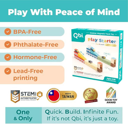QBI Magnetic Blocks Play Starter Set – STEM Construction Toys &amp Race Car Track for Kids Ages 3-5+｜Educational Magnet Building Tiles with 2 Ramps &amp 4 Vehicles｜Montessori Gift for Boys &amp Gir
