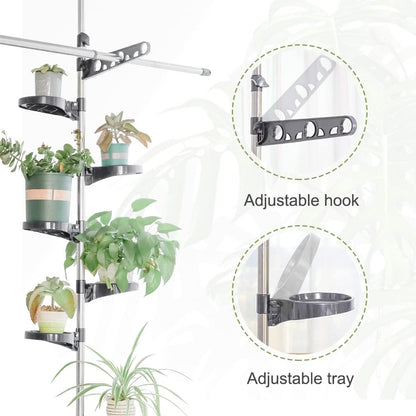 BAOYOUNI Indoor Plant Pole Stand Double Tension Rods Flower Pot Storage Shelf Holders Floor to Ceiling Display Rack Hanger with 12 Trays, 2 Hooks & 1 Telescopic Rod for Clothes Drying, Grey