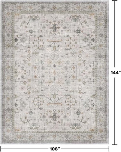 Hazo Haus Boho Light Grey Living Room Rug - Modern Vintage Floral Design | Extra Large 9x12, Washable Non-Slip