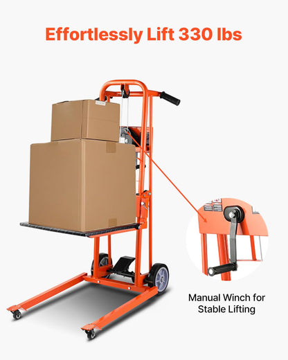 VEVOR Material Lift Winch Stacker, 330lbs Capacity Pallet Truck Dolly, 42.9in Max Lifting Height Manual Winch Stacker, Multifunctional Manual Pallet Truck Stacker with Swivel Casters and Lift Plate