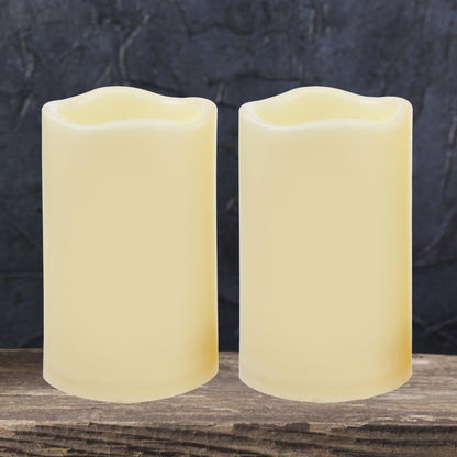 iZAN Outdoor Indoor Flameless Candles with Timer Waterproof Plastic Realistic Flickering Battery Operated LED Pillar Candles Long Lasting 1500 Hours Battery Life 3x5 inch Waved Edge 2-Pack