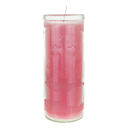 Mega Candles 3 pcs Unscented Pink Dual Cross Glass Container Altagraciano Devotional Prayer Candles, Premium Wax Candle 3 Inch x 7.25 Inch, Sanctuary, Vigils, Prayers, Blessings, Religious, Memorials