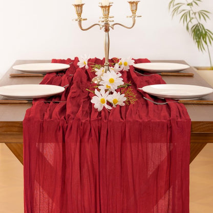 Socomi 10pcs Red Cheesecloth Table Runner Boho Rustic Gauze 120 inch 10FT Cheese Cloth Sheer Runner for Wedding Party Baby Shower Birthday Home Decor Holiday Decorations