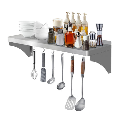 Commercial Stainless Steel Shelf 36" x 12" - 250lb Load Capacity, Heavy Duty Stainless Steel Wall Mounted Kitchen Shelf with Backsplash & 6 Hooks for Restaurant, Laundry