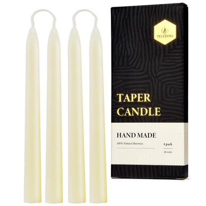 8 inch Beeswax Taper Candles 4 Pack - All Natural, 100% Pure Unscented Bee Wax Candle, Dripless, 5 Hours Burnning Time -Off White