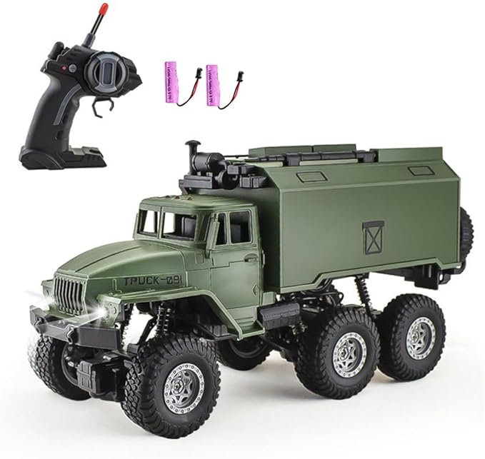GoolRC RC Military Truck 1:16 Scale 6WD Remote Control Car Off-Road RC Truck with LED Light and 2 Batteries All Terrain Army Transport Vehicle for Adults