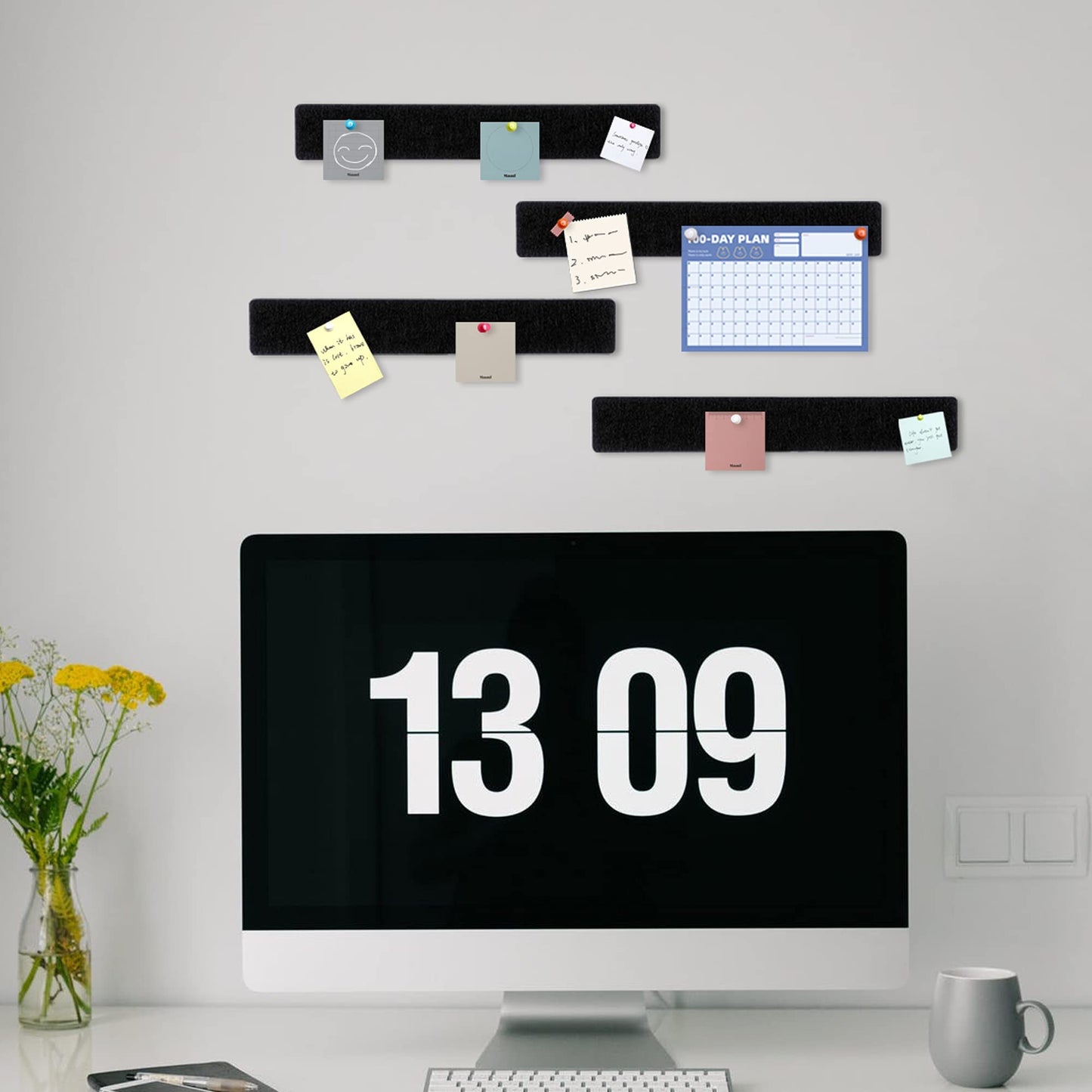 GoTiling Cork Board for Walls - 8 Pack Felt Pin Board Bar Strips - Self-Adhesive Lightweight Bulletin Board - Cork Board for Office with 40 Push Pins No Damage for Wall (Rose)
