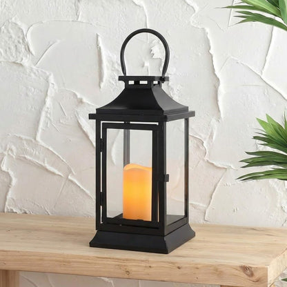 TRIROCKS Metal Candle Lantern 15'' High Decorative Outdoor Lantern Hanging Lantern with Timer LED Candle for Home Decor Living Room Parties Events Tabletop Indoors Outdoors (Black)